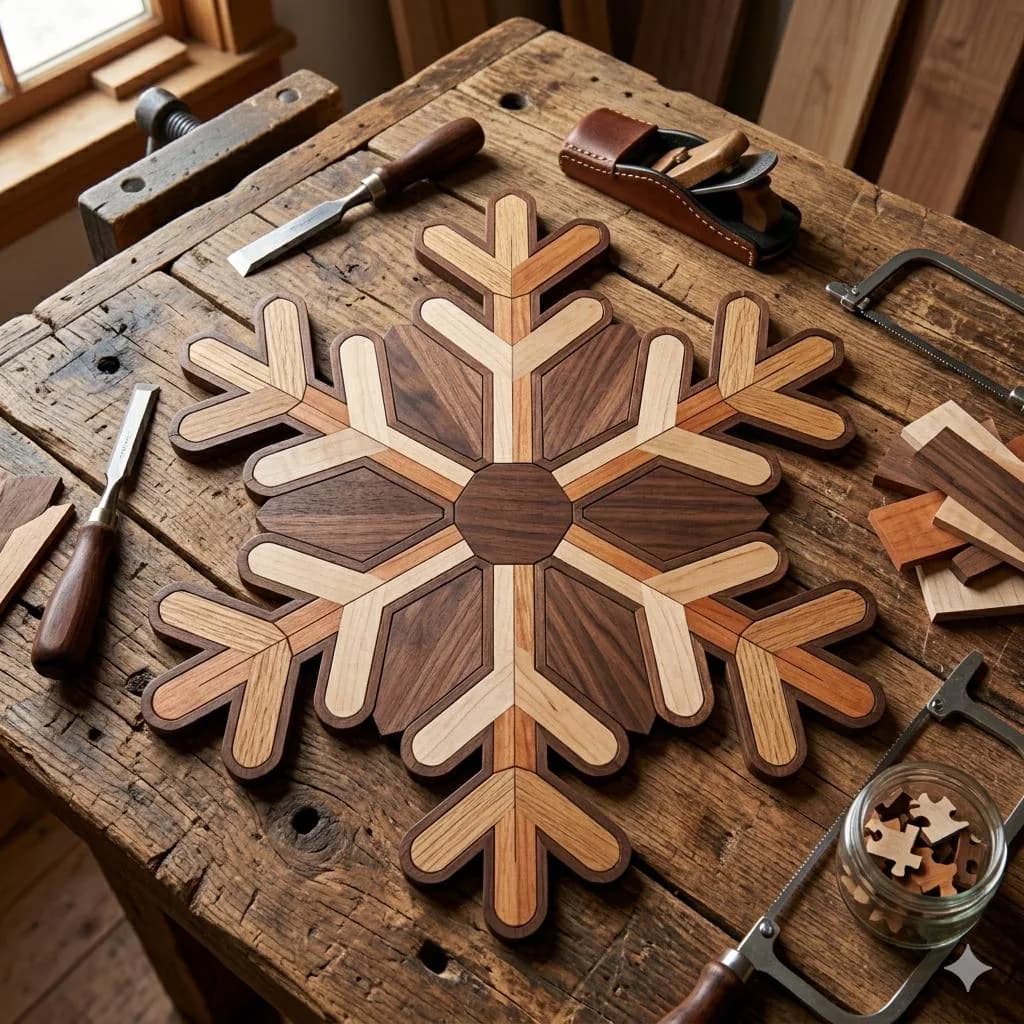 Christmas Snowflake Intarsia Pattern PDF, Beginner Scroll Saw Woodworking Plan, Easy 15 Piece Wooden Snowflake Template