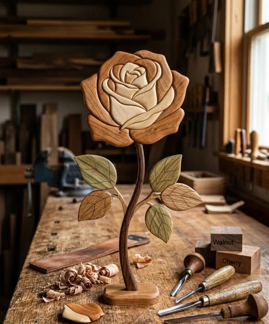 Rose with Stem Intarsia Pattern PDF | Scroll Saw Flower Template | Wooden Rose Wall Art | DIY Woodworking Plan