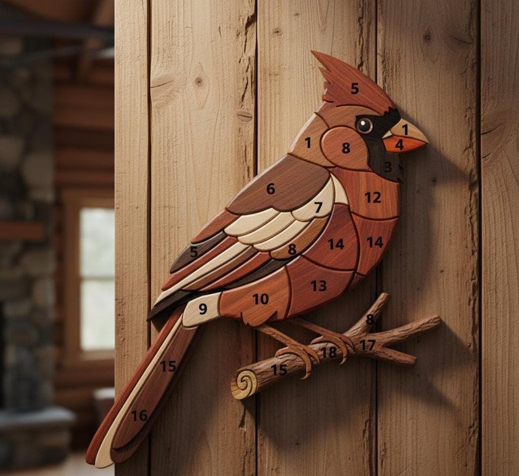 Cardinal Bird Intarsia Pattern | Scroll Saw Woodworking Plan | Cardinal Bird Wood Art Template | DIY Wood Wall Decor PDF
