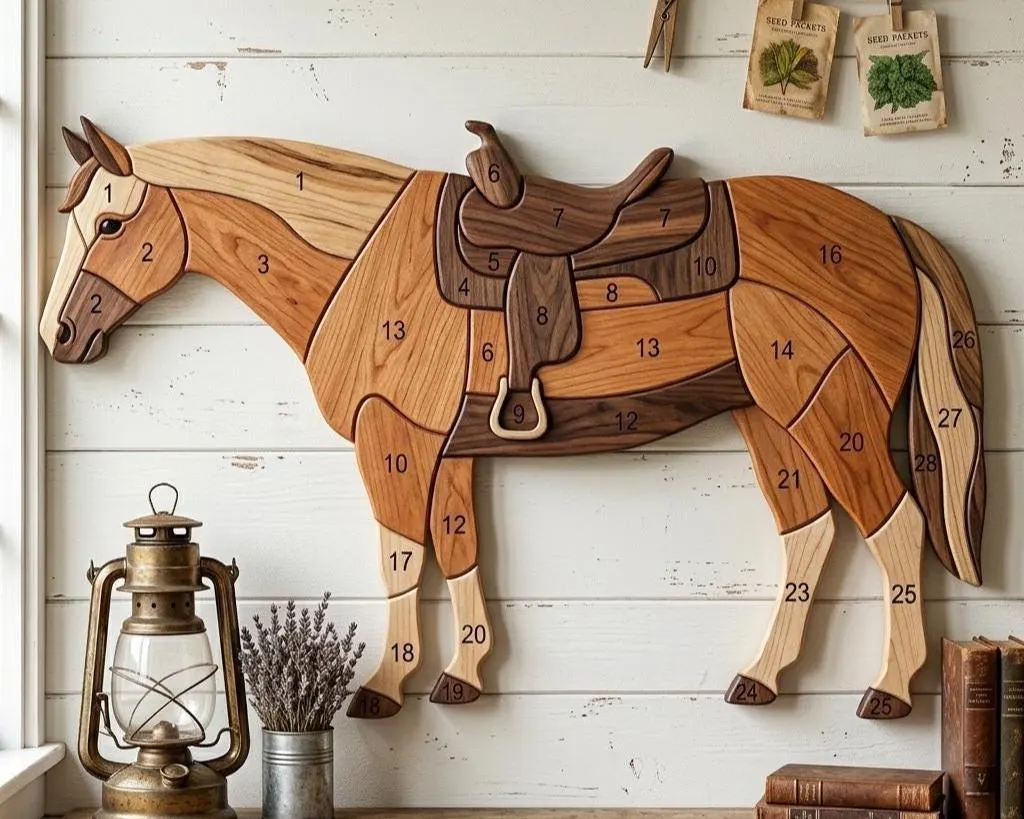 Western Horse Intarsia Pattern with Saddle | Ranch Style Scroll Saw Template | Woodworking PDF | Easy Beginner Friendly DIY Wall Art