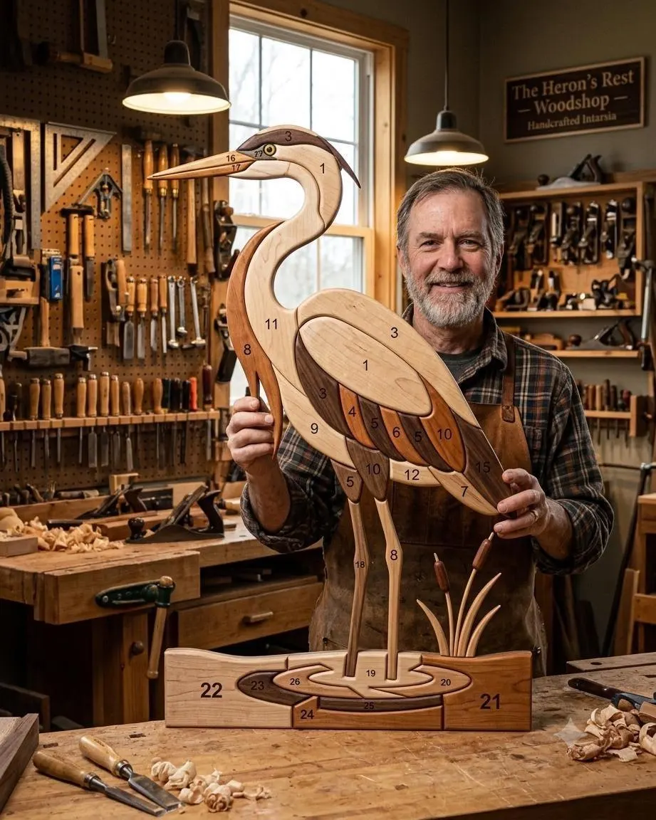 Heron Intarsia Wood Pattern | Standing Heron Scroll Saw Template | Wildlife Woodworking PDF | Easy Beginner Friendly Design
