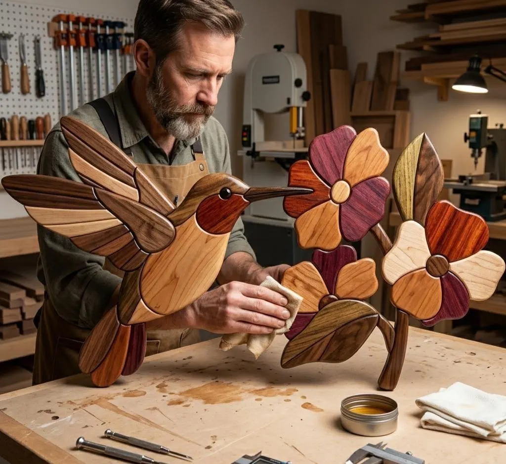 Beginner Hummingbird Intarsia Pattern PDF | Easy Scroll Saw Woodworking Plan | Bird & Flower Wood Art Digital Download