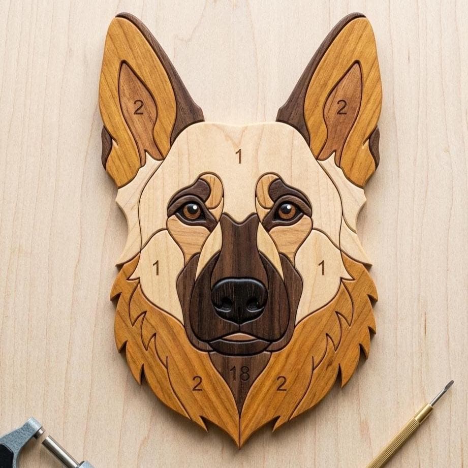 German Shepherd Intarsia Pattern | Dog Head Woodworking Plan | Scroll Saw Wall Art | DIY Wood Inlay Project | Beginner Friendly
