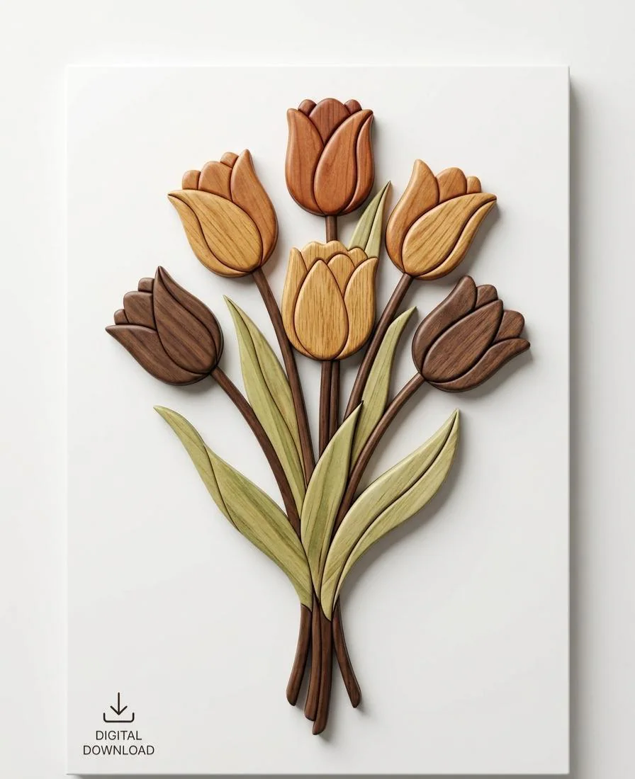 Tulip Bouquet Intarsia Pattern PDF | Flower Woodworking Plan | DIY Wooden Wall Art Template | Beginner Friendly