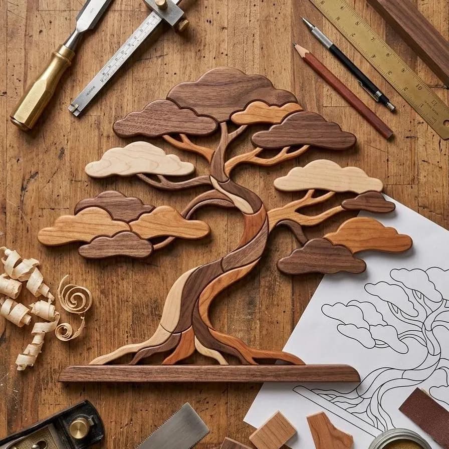Bonsai Tree Intarsia Pattern PDF | Wooden Wall Art Design | DIY Woodworking Project | Beginner Friendly Scroll Saw Pattern | Zen Home Decor