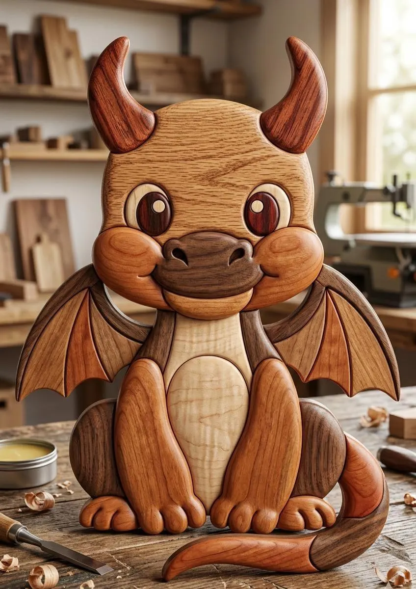 Cute Baby Dragon Intarsia Pattern PDF | Easy Scroll Saw Woodworking Plan | Fantasy Dragon Wall Art | DIY Wood Craft Template