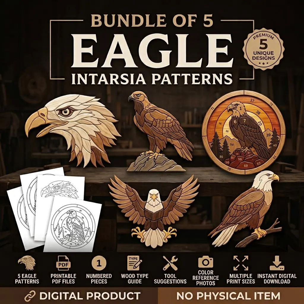 Eagle Intarsia Patterns Bundle, 5 Eagle Woodworking Patterns, Eagle Head, Golden Eagle, Flying Eagle, Sunset & Branch PDF