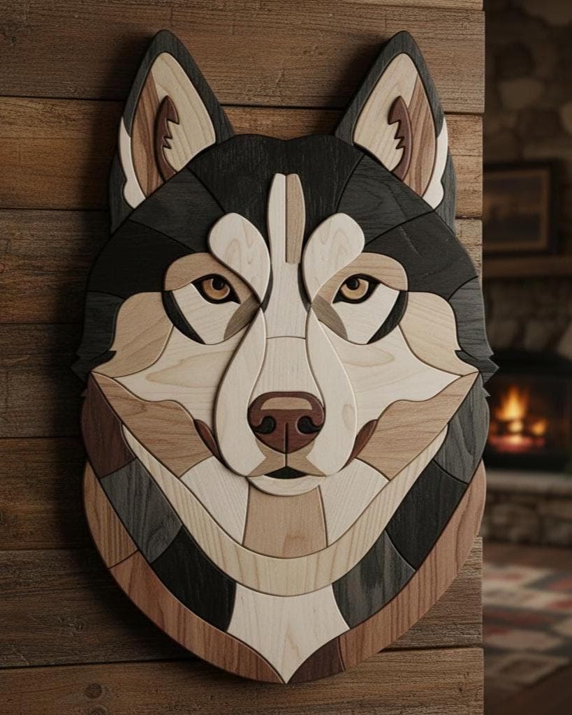Siberian Husky Head Intarsia Pattern | Scroll Saw Husky Woodworking Plan | Dog Wall Art Wood Pattern | Husky Portrait DIY PDF