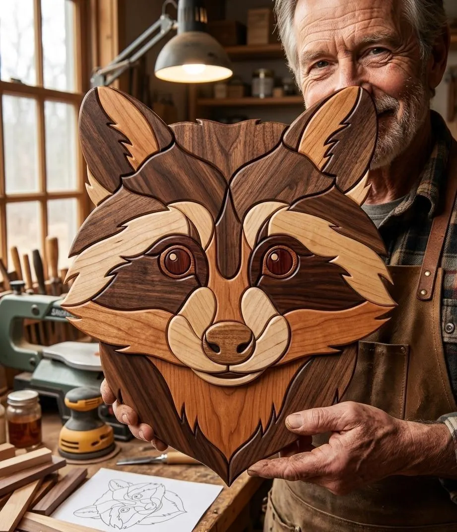 Raccoon Head Intarsia Pattern PDF | Woodworking Scroll Saw Template | Easy Animal Wood Art | DIY Wall Decor Digital Download