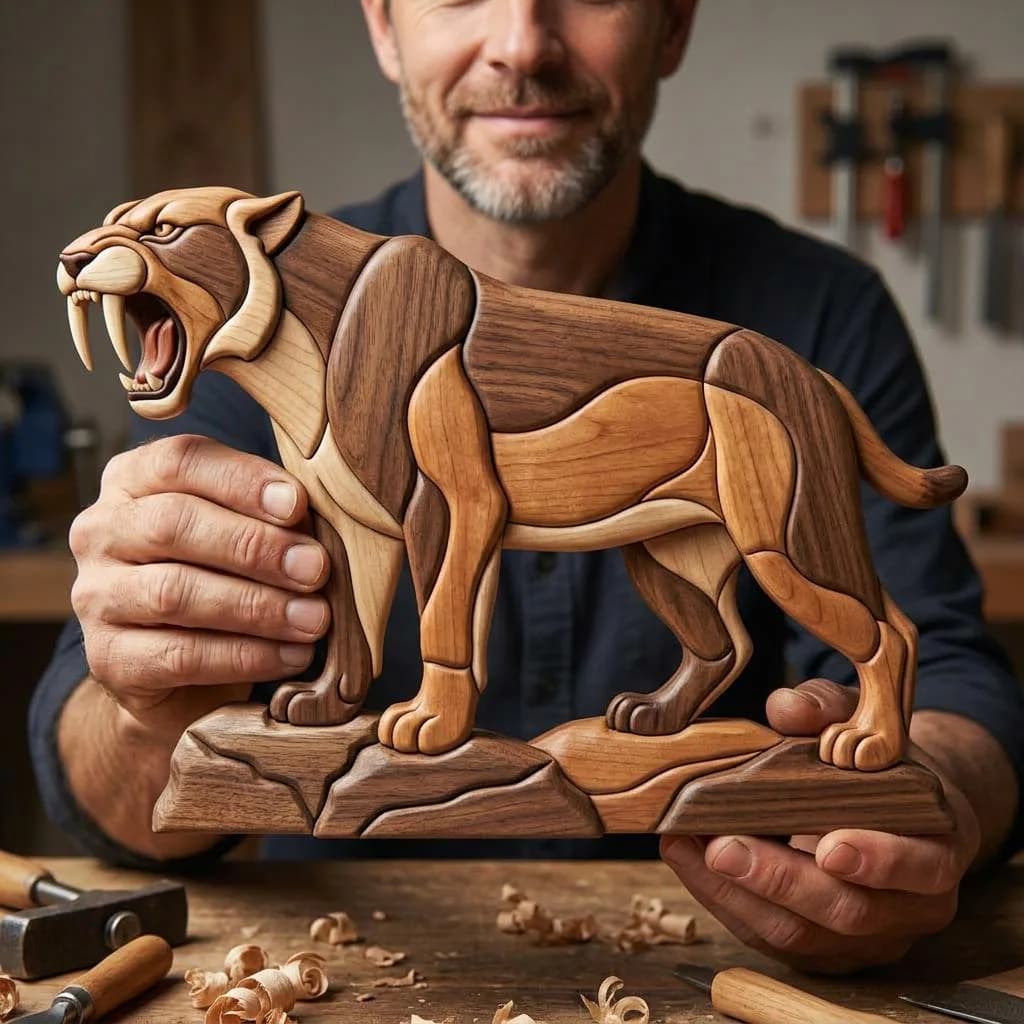 Saber Tooth Tiger Intarsia Pattern PDF, Smilodon Woodworking Pattern, Scroll Saw Wildlife Wood Art, DIY Animal Wood Project