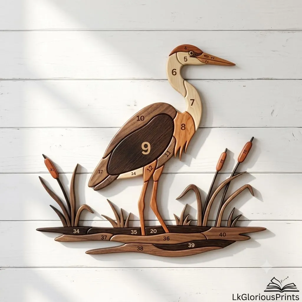 Heron Intarsia Woodworking Pattern, Scroll Saw Bird with Reeds, Beginner Friendly Wildlife Wall Art PDF, DIY Wood Inlay Template