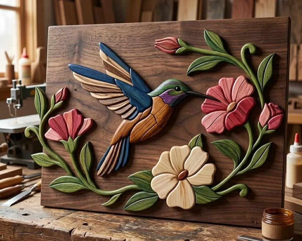 Hummingbird Intarsia Pattern PDF | Floral Scroll Saw Woodworking Plan | DIY Wooden Bird Wall Art Template