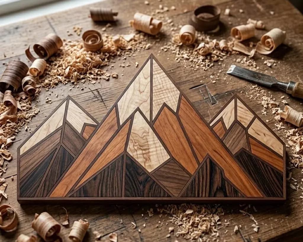Mountain Intarsia Woodworking Pattern | Geometric Mountain Wall Art | DIY Wood Inlay Template | Rustic Cabin Decor Plan