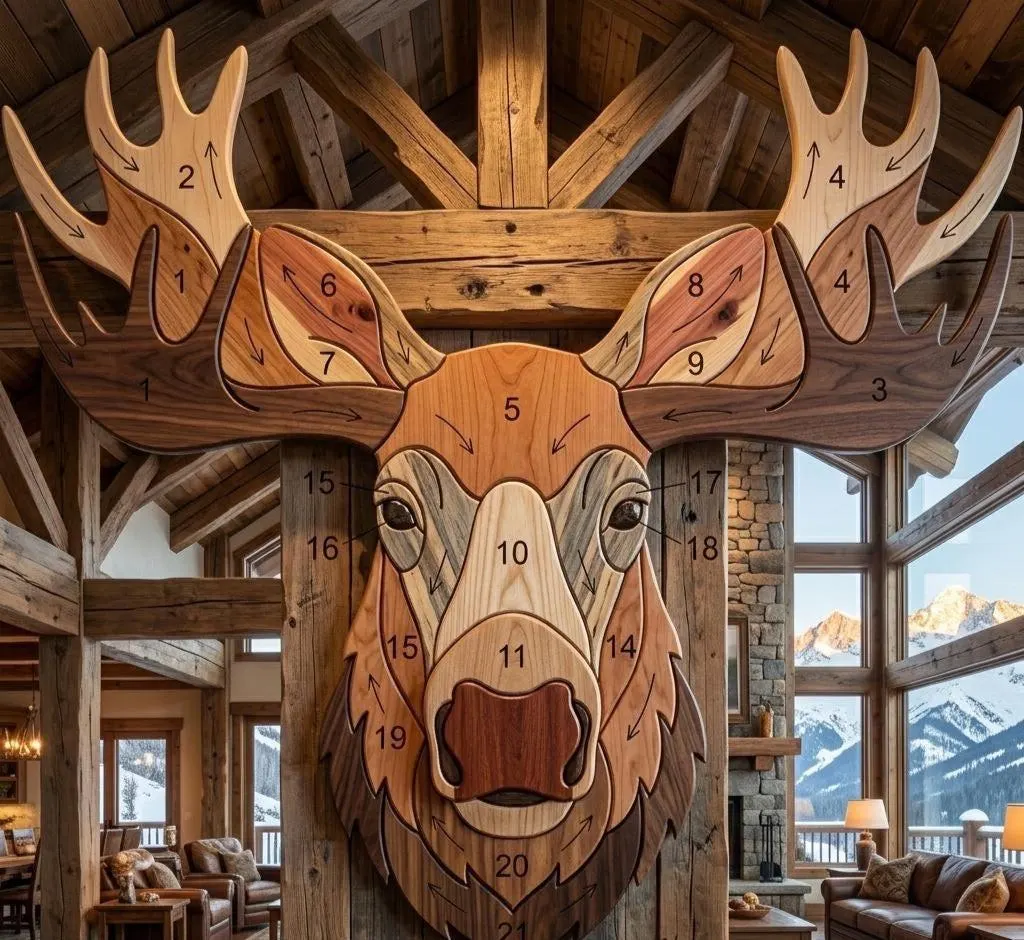 Moose Head Intarsia Pattern PDF, Mountain Cabin Scroll Saw Template, Rustic Lodge Wildlife Wood Art Plan