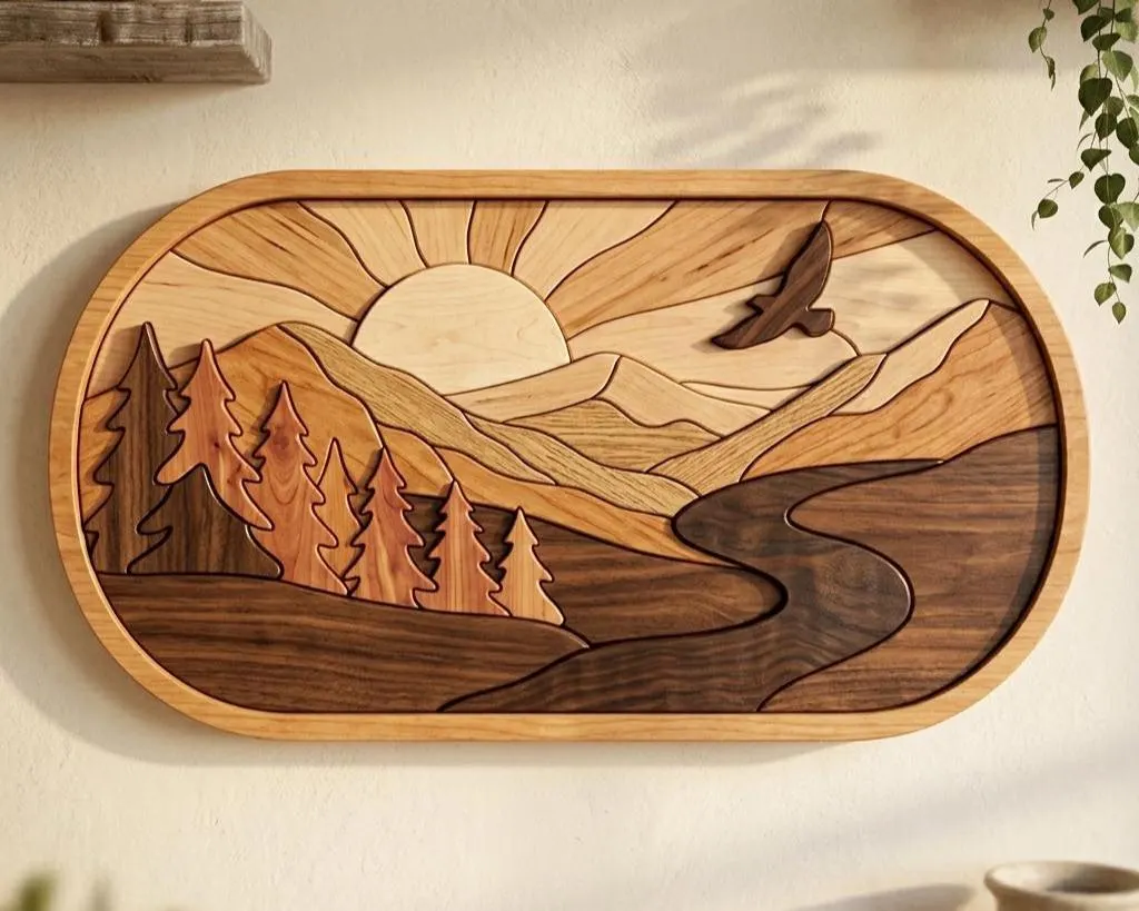 Nature Harmony Intarsia Pattern PDF, Scroll Saw Woodworking Plan, Forest Mountain Wall Art, Beginner Friendly Digital Download