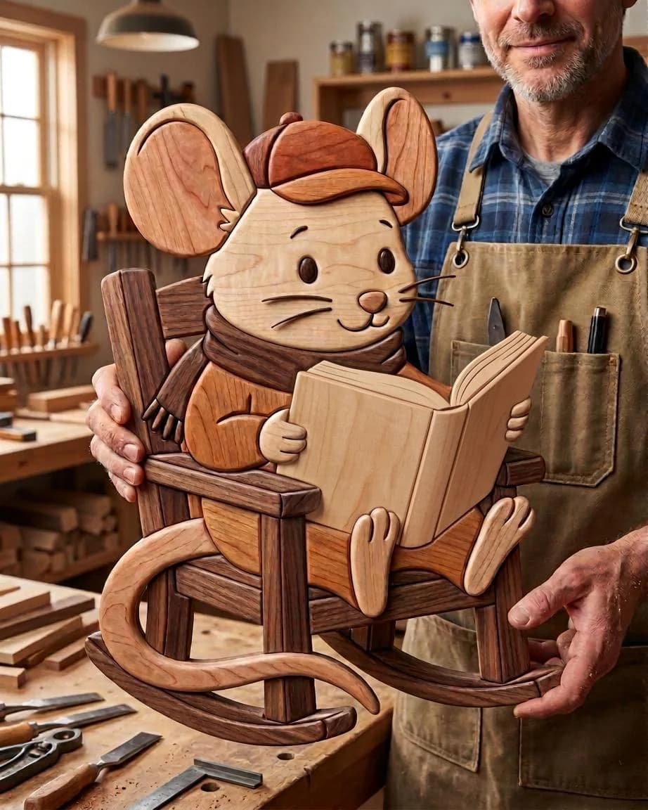 Mouse Reading a Book Intarsia Pattern PDF | Woodland Animal Woodworking Pattern | Scroll Saw Project
