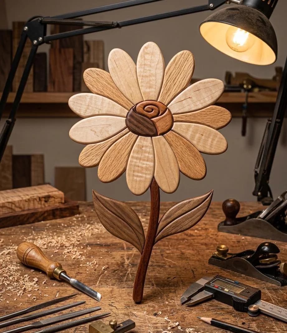 Daisy Flower Intarsia Pattern PDF, Scroll Saw Woodworking Plan, Floral Wall Art DIY, Beginner Friendly Wood Craft Template