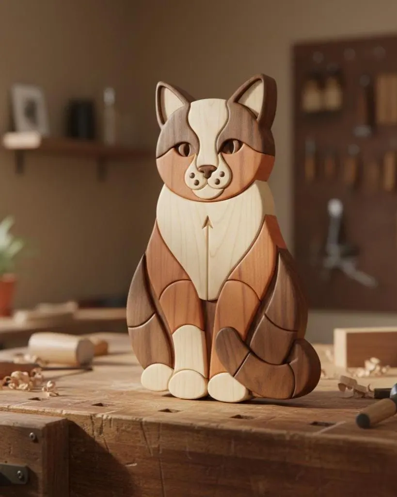 Sitting Cat Intarsia Pattern | Scroll Saw Woodworking Template (Digital Download)