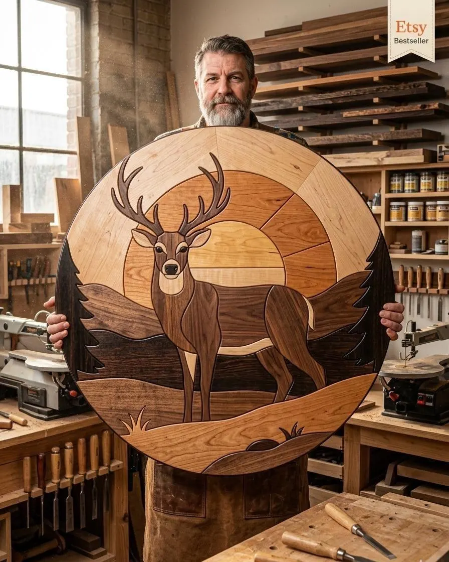Deer Sunset Intarsia Pattern PDF | Wildlife Scroll Saw Template | Rustic Cabin Wall Art Woodworking Plan Digital Download