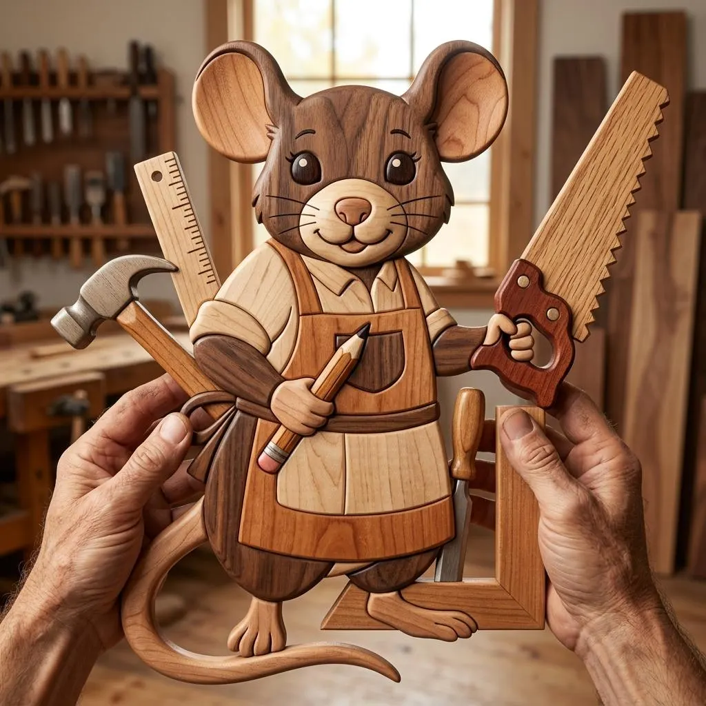 Woodworker Mouse Intarsia Pattern PDF, DIY Woodworking Project, Beginner Animal Wood Art, Saw & Tools