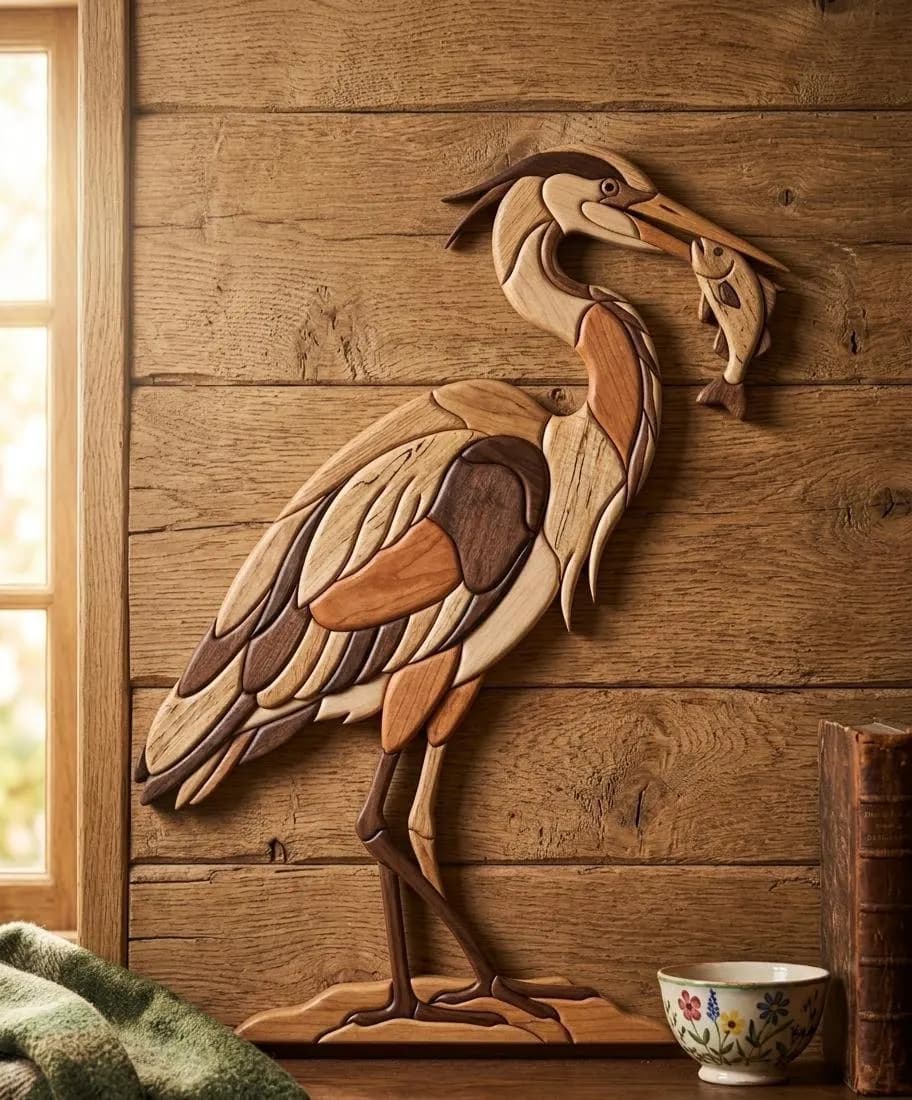Heron Carrying Fish Intarsia Pattern PDF | Scroll Saw Woodworking Plan | Bird Wall Art DIY | Easy Beginner Wood Pattern