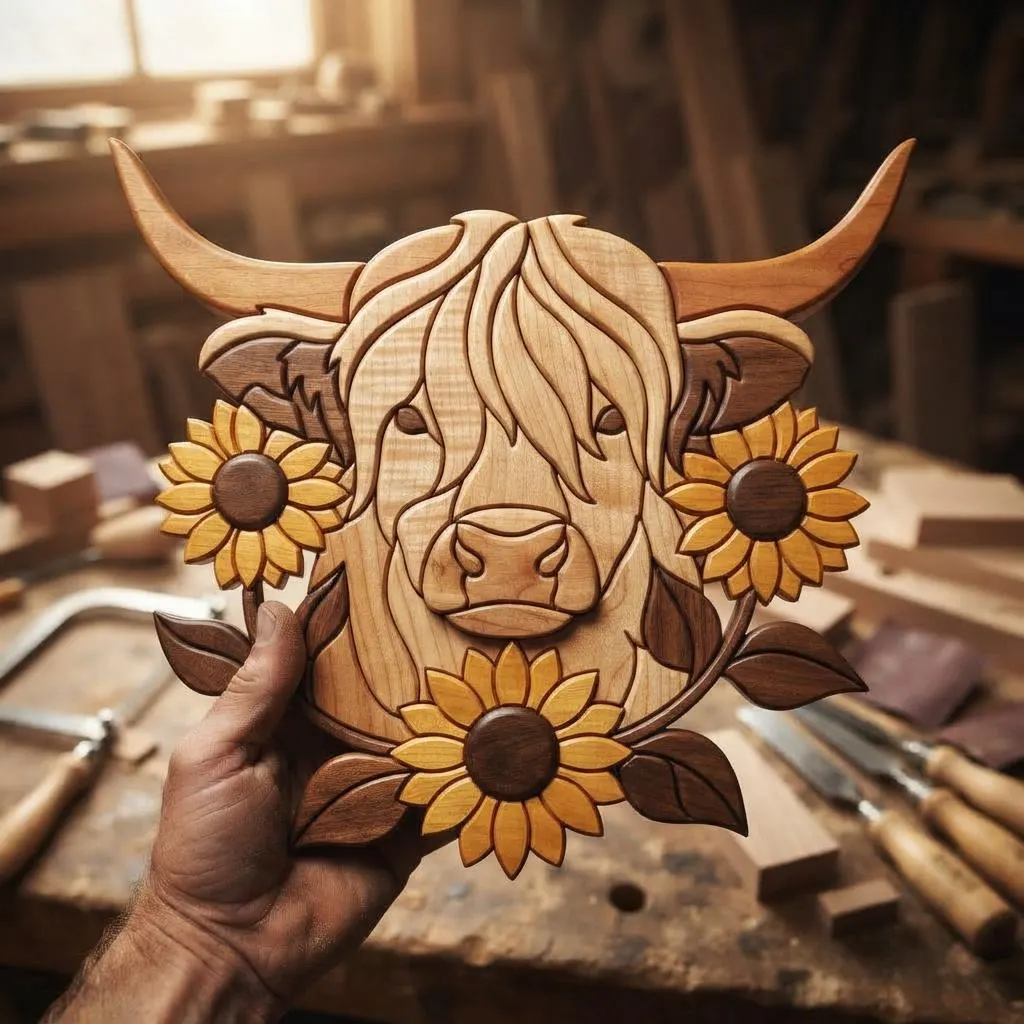 Highland Cow Intarsia Pattern with Sunflowers, Cow Woodworking PDF, Rustic Farmhouse Wood Art, DIY Animal Woodcraft Pattern