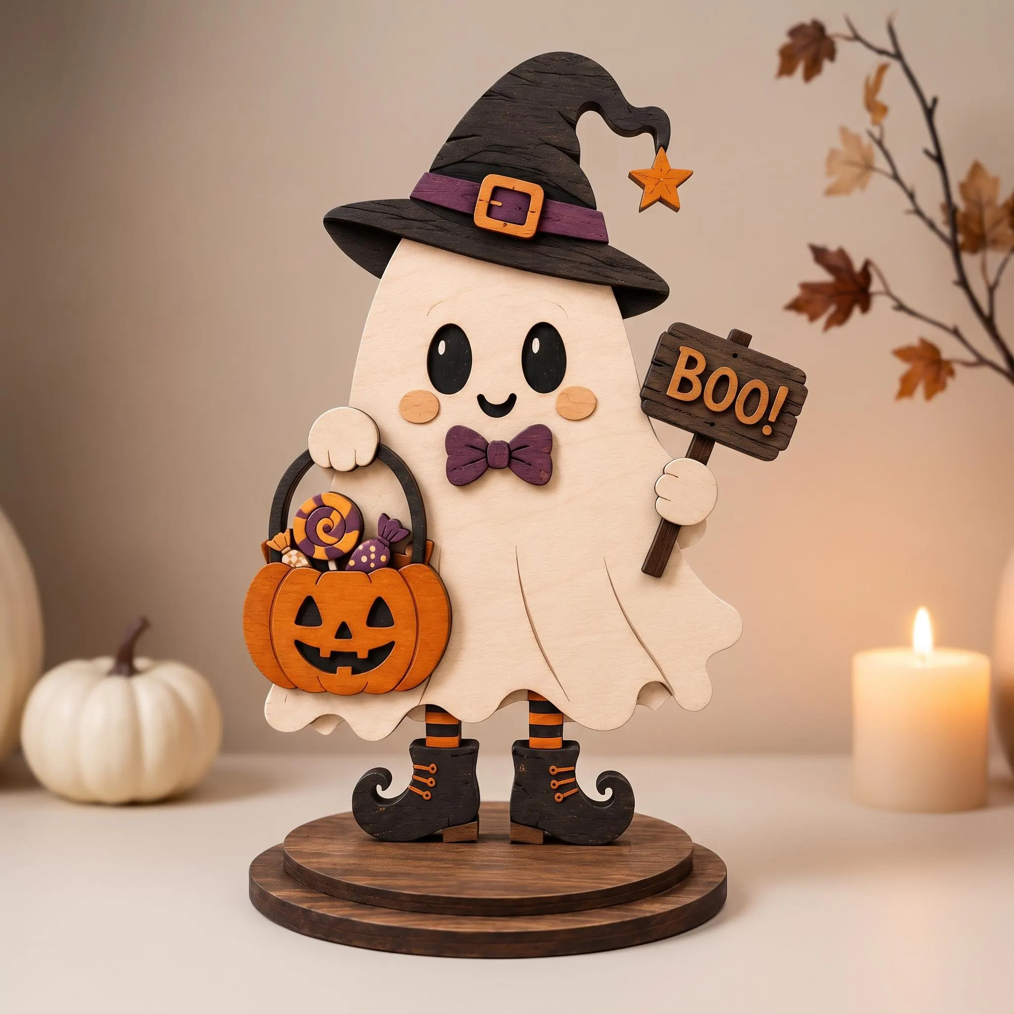 Halloween Ghost Intarsia Pattern, Witch Hat Pumpkin Scroll Saw Pattern, Laser Cut Woodworking Template, SVG PDF PNG , Digital Download
