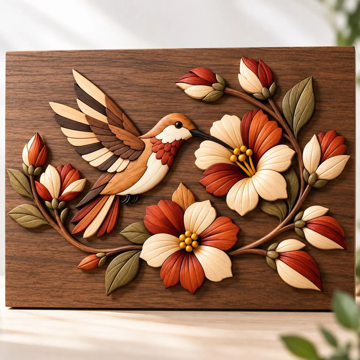Hummingbird Intarsia Pattern PDF | Floral Scroll Saw Woodworking Plan | DIY Wooden Bird Wall Art Template