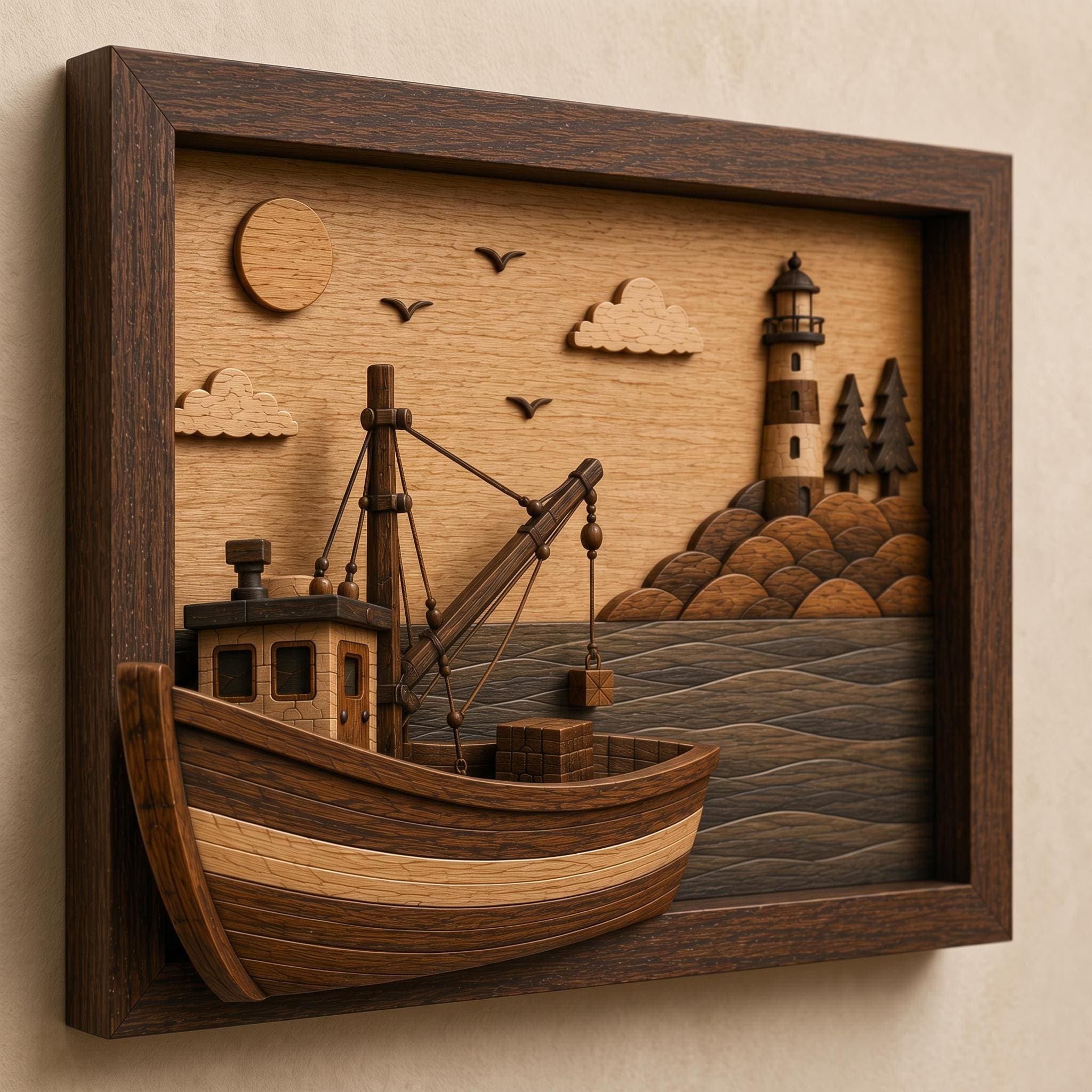 Fishing Boat Scroll Saw Pattern, Lighthouse Intarsia Woodworking Plan, Coastal Wall Art Digital Download