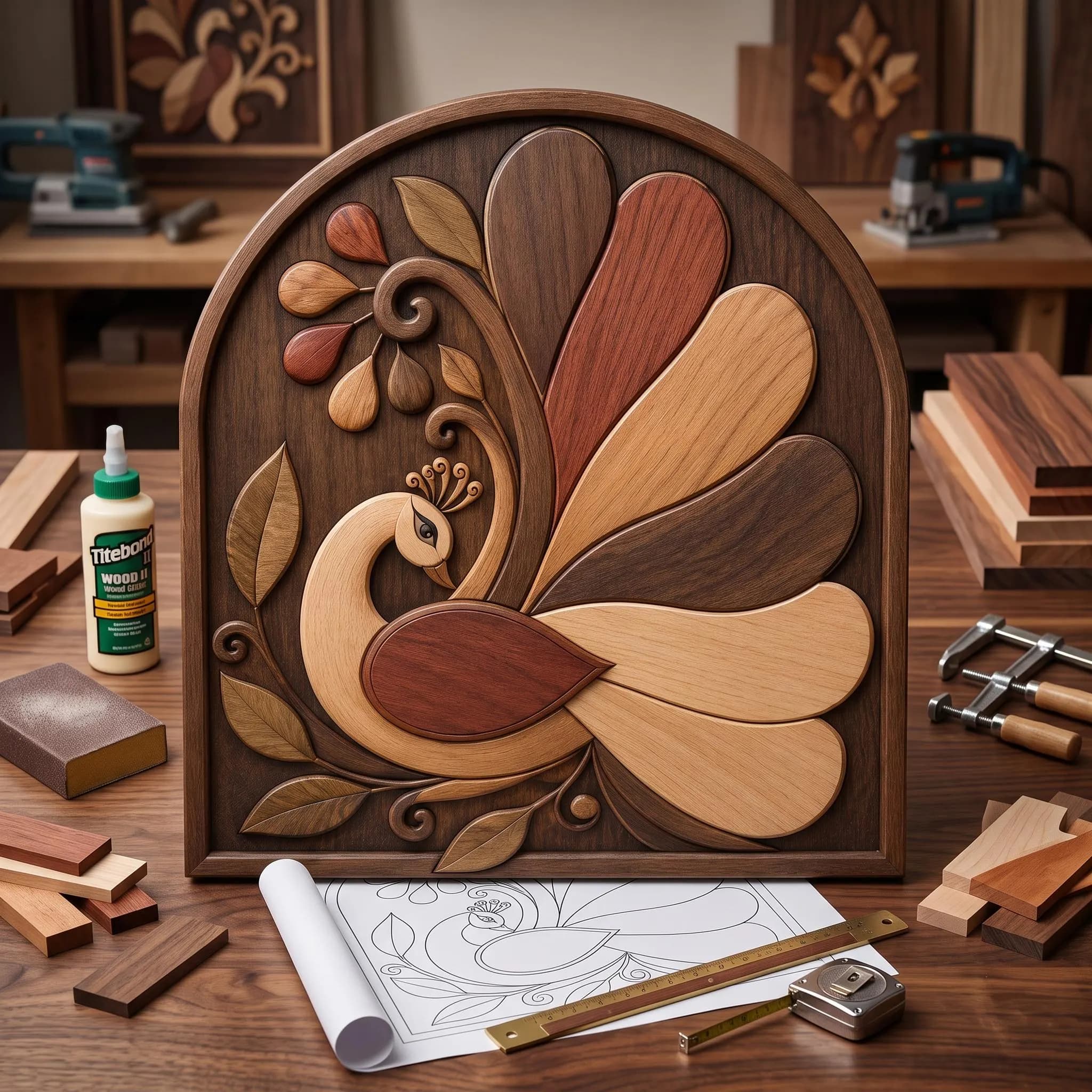 Peacock Intarsia Pattern | Wooden Wall Art Scroll Saw Template (Digital Download)