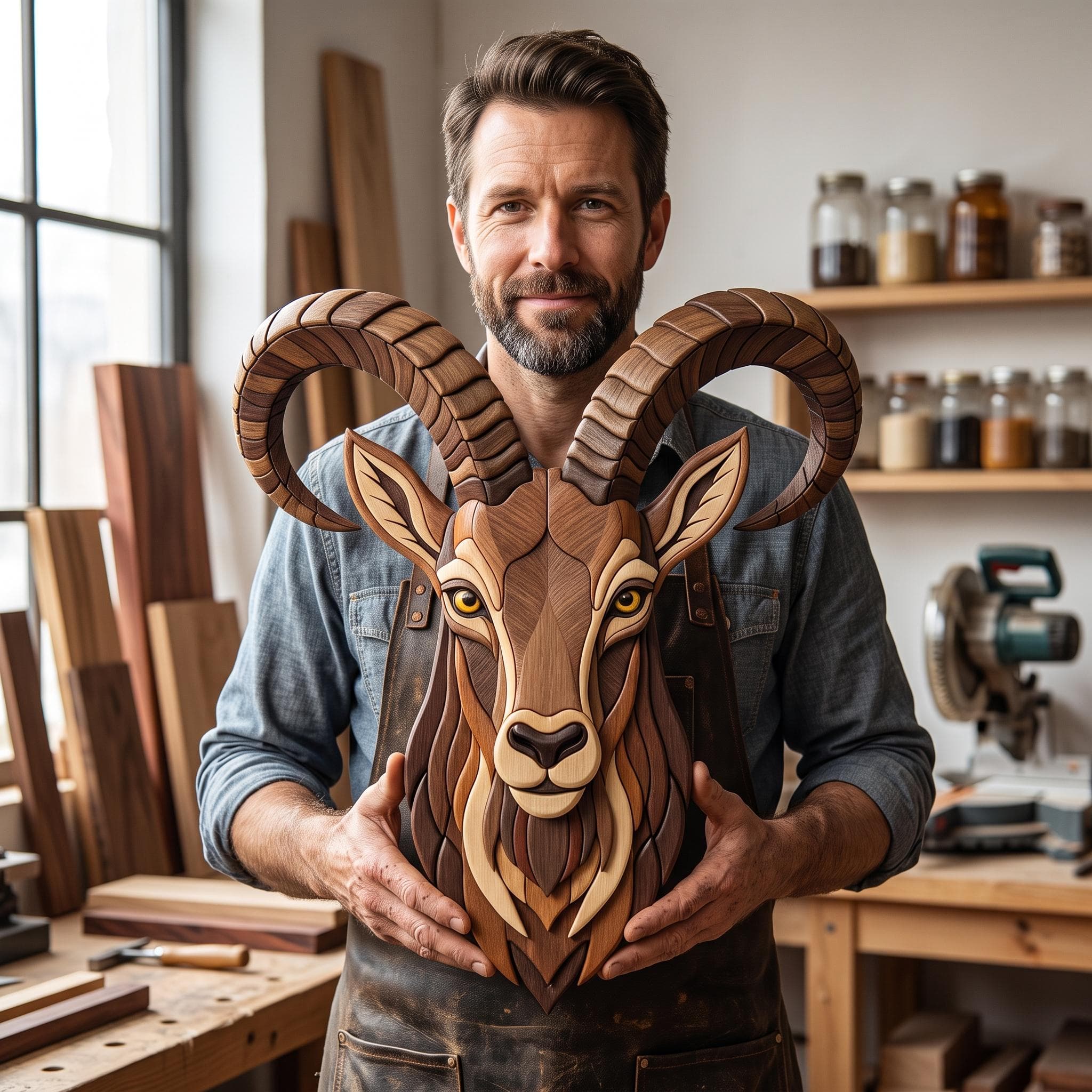 Markhor Intarsia Pattern, Animal Woodworking Pattern, Scroll Saw Template