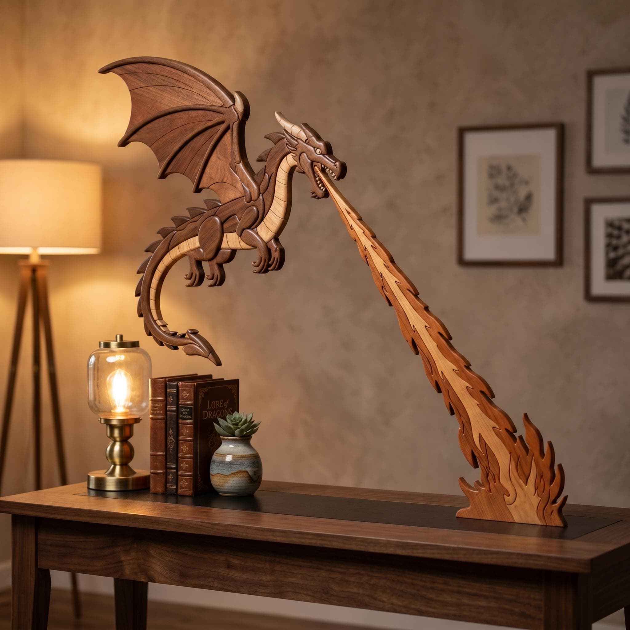 Dragon Intarsia Wood Art Pattern, Fire Breathing Scroll Saw Template (PDF SVG PNG)
