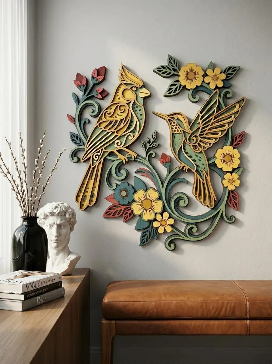 NB308 Cardinal and Hummingbird SVG | 6 Layers | Floral Bird Wall Art | Laser Cut Multilayer File | CNC Wood Decor | Digital Download