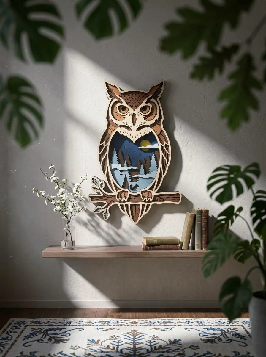Great Horned Owl SVG | 9 Layers | Crescent Moon Mountain Pine Woods Art | Laser Cut Multilayer File | CNC Wood Decor | Digital Download
