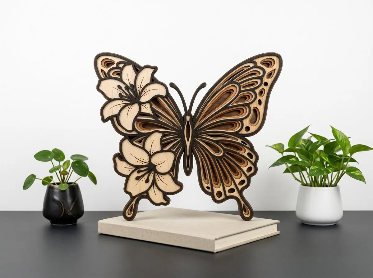 NB172 Butterfly Flower Layered SVG | 5 Layered Laser Cut File | Multilayer Floral Butterfly CNC Wood Design | Digital Download
