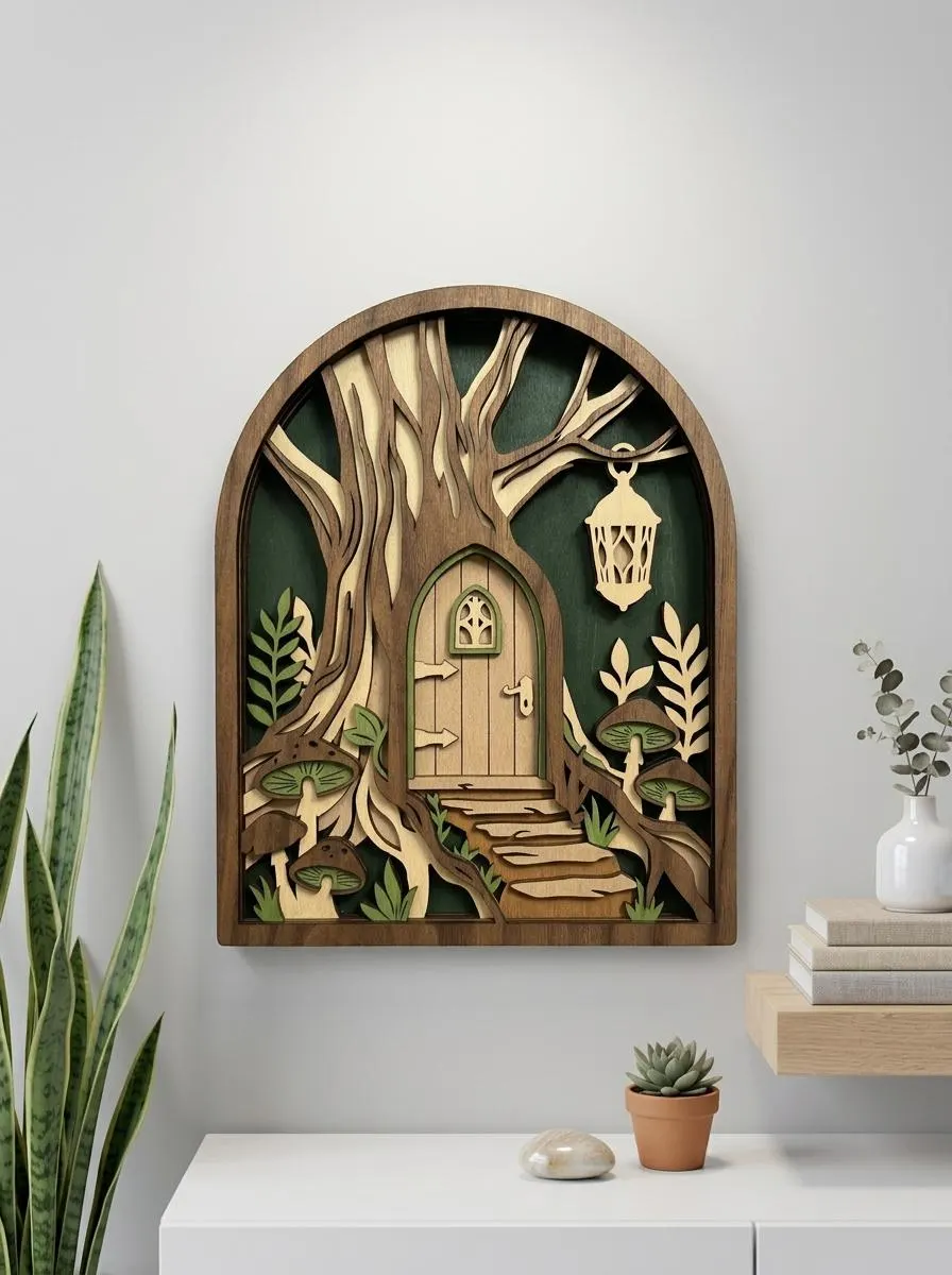 NB452 Fairy Tree Door SVG | 7 Layers | Enchanted Woodland Wall Art | Laser Cut Multilayer File | CNC Wood Decor | Digital Download