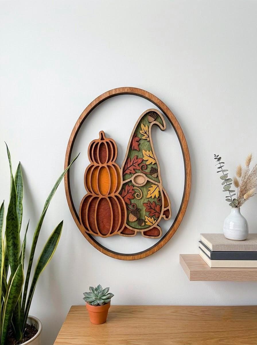 NB719 Fall Gnome Layered SVG | 4 Layers | Pumpkin & Autumn Leaves | Harvest Wall Art | Rustic Fall Decor | Laser Cut File | Digital Download