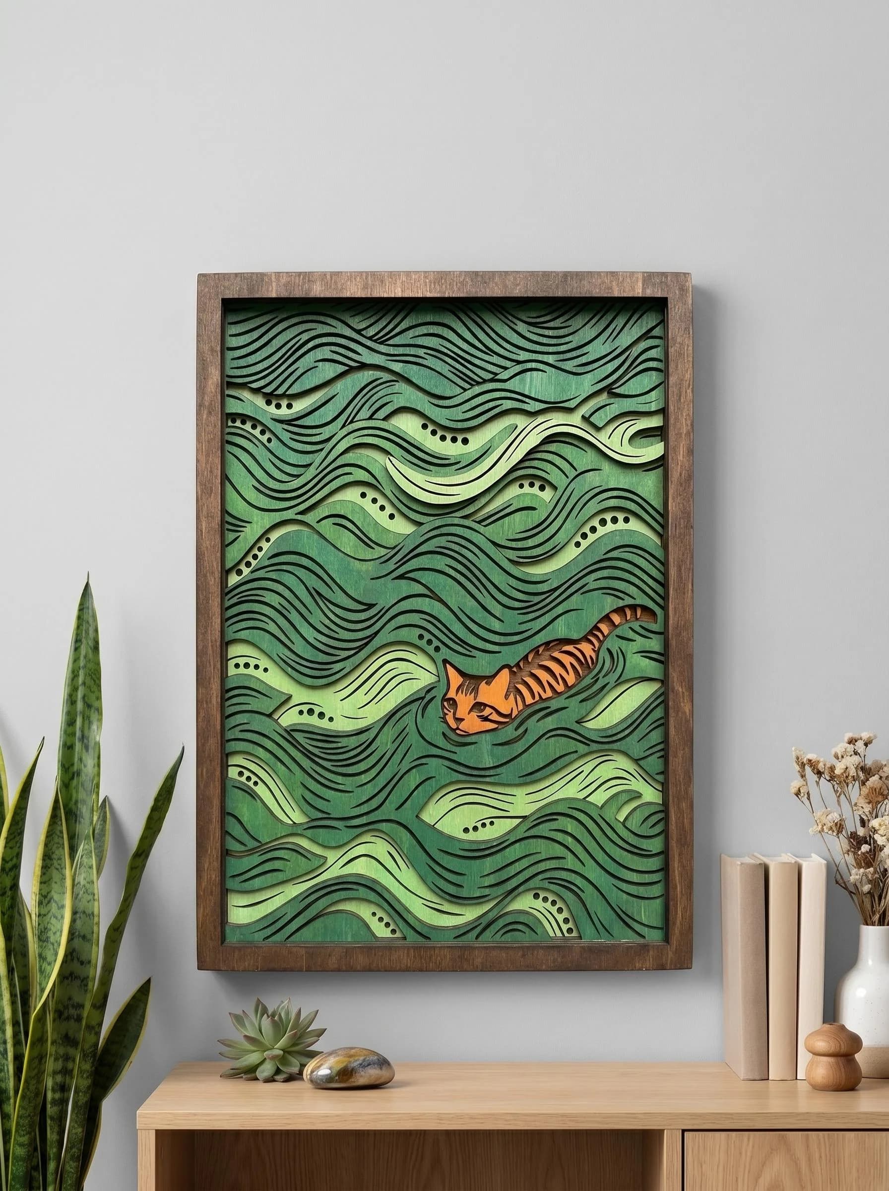 NB338 Cat In Ocean Waves SVG | 6 Layers | Abstract Cat Wall Art | Laser Cut Multilayer File | CNC Wood Decor | Digital Download