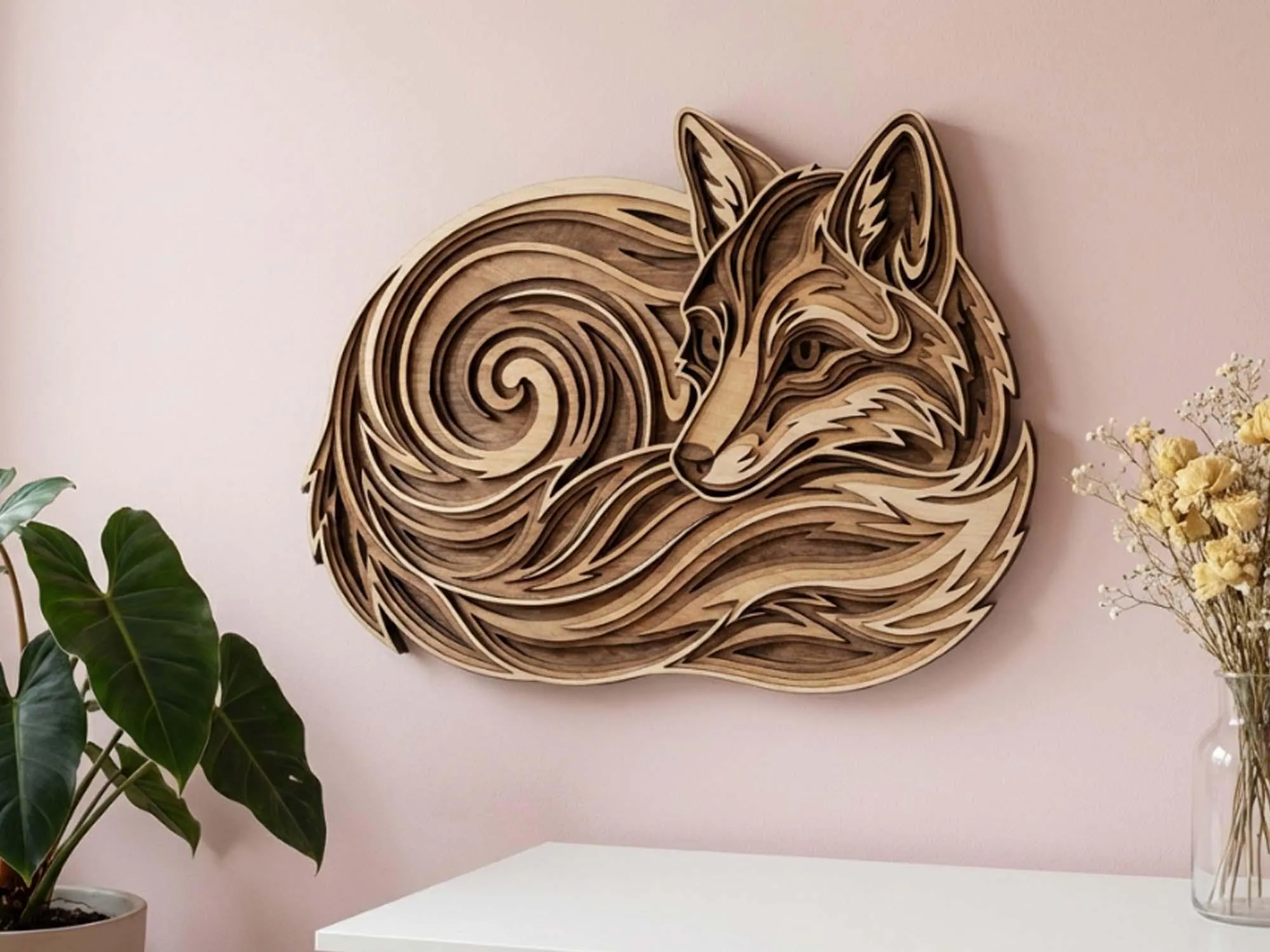 NB13 Curled Fox with Open Eyes Layered Wooden Wall Art | 5 Layers | 3D Laser Cut (Digital Download)