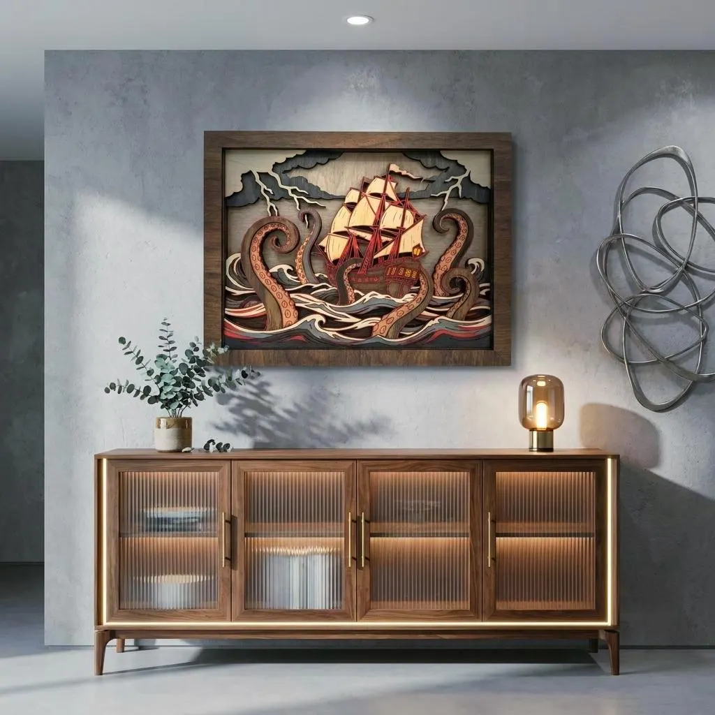 NB675 Kraken Pirate Ship SVG | 10 Layers | Nautical Wall Art | Laser Cut Multilayer File | CNC Wood Decor | Digital Download