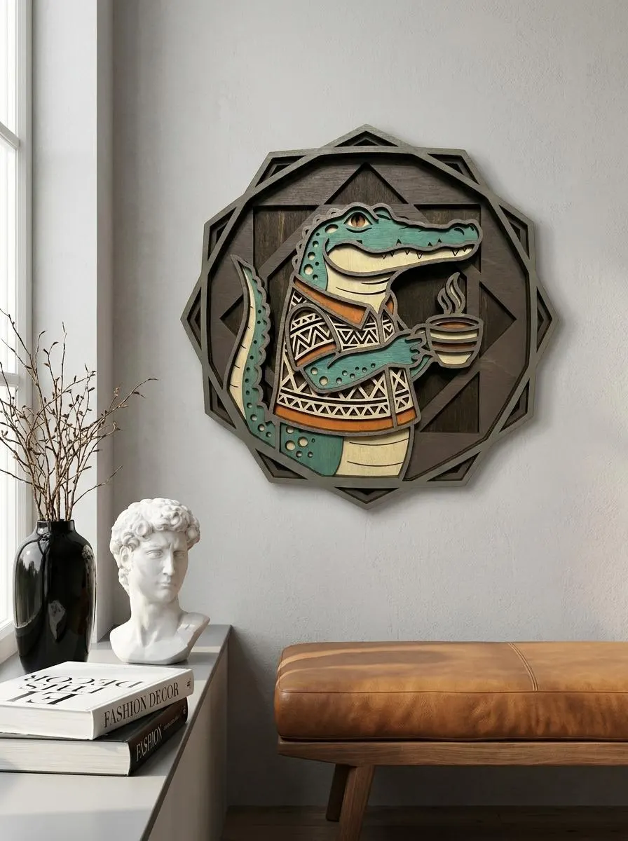 NB369 Crocodile Coffee SVG | 6 Layers | Cozy Reptile Wall Art | Laser Cut Multilayer File | CNC Wood Decor | Digital Download